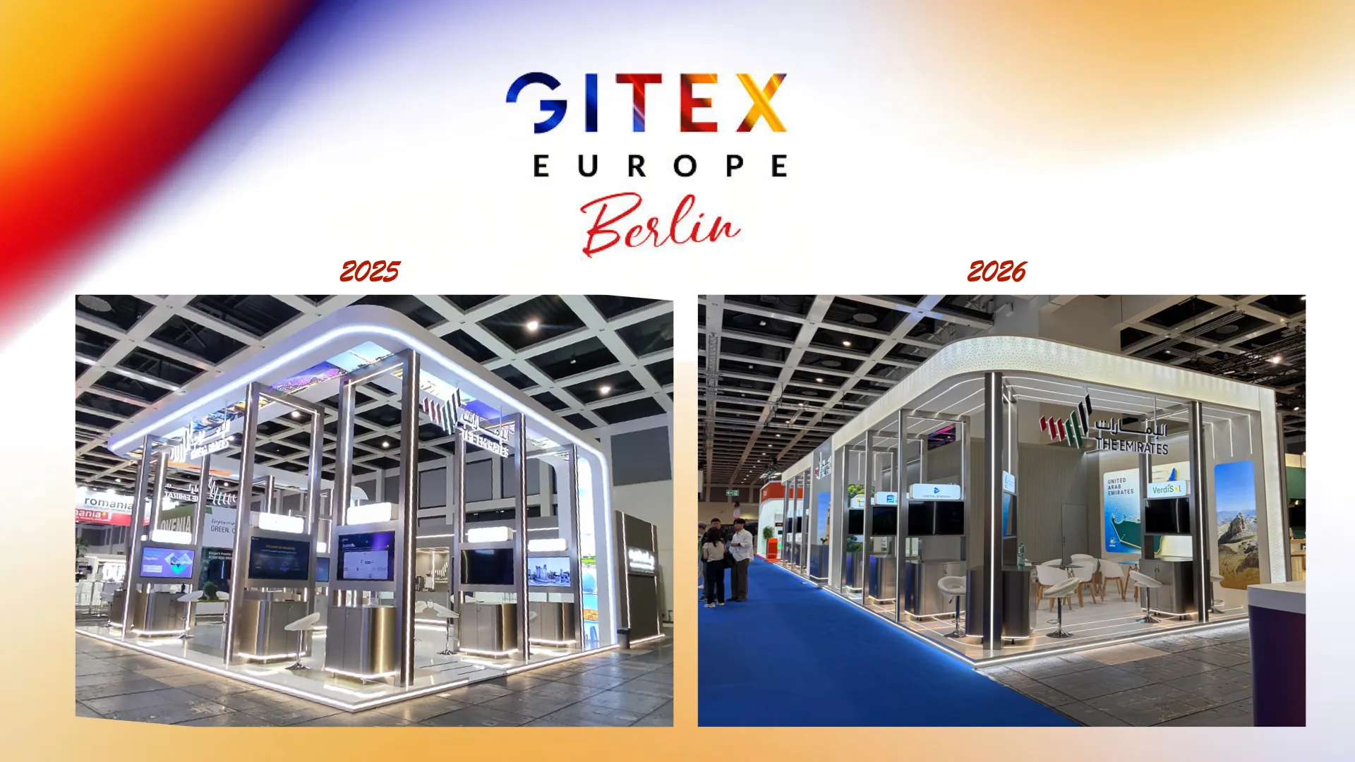 Side by side at GITEX Europe Berlin: the 2025 stand and the 2026 stand for THE EMIRATES